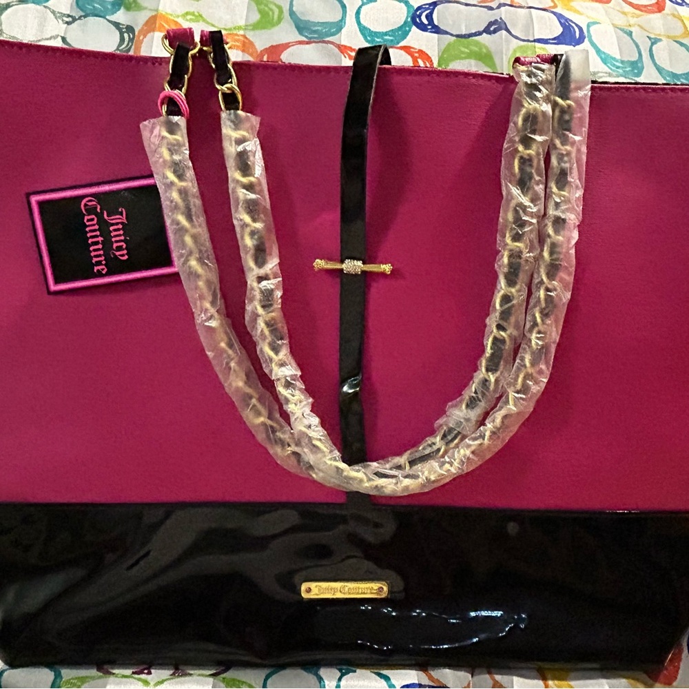 Juicy Couture Large Tote Bag Pink Black Patent Leather Gold Chain Tote